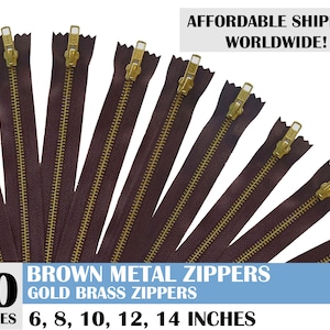 ykk metal zippers, metal zippers, dark brown zippers, jean zippers, gold metal zipper, golden brass zipper, set of 10- 6, 8, 10, 12, 14 inch