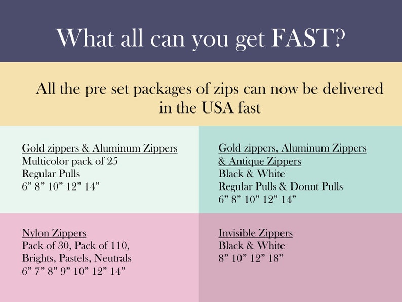 May include: A chart listing different types of zippers available in various sizes and colors. The chart includes gold, aluminum, antique, nylon, and invisible zippers. The sizes range from 6 inches to 18 inches.