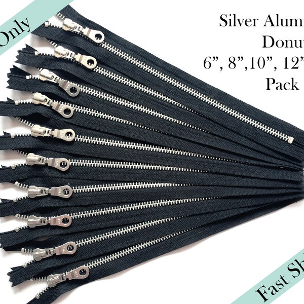 YKK Zippers, Black Donut Pull Zipper Pack, Closed End, Aluminum Silver Teeth Zipper,  - 6, 8, 10, 12, 14 inches - 12pcs - US ONLY Fast Ship