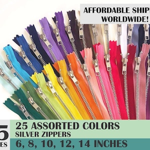 ykk zippers, multicolor zippers, jean zippers, silver metal zipper, aluminium zipper, pack of 25,  ykk  brand zips- 6, 8, 10, 12, 14 inch