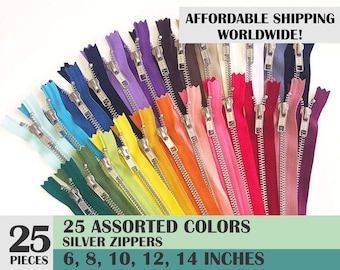 ykk zippers, multicolor zippers, jean zippers, silver metal zipper, aluminium zipper, pack of 25,  ykk  brand zips- 6, 8, 10, 12, 14 inch