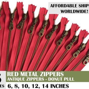 antique zippers, zipper for backpack, ykk donut pull metal zipper, handbag zipper, red zipper, pack of 5 zips - 10, 14 inch