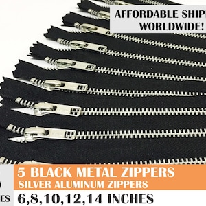 ykk zippers, metal zippers, black zippers, jean zippers, silver metal zipper, aluminum zipper, pack of 5- 6, 8, 10, 12, 14 inches
