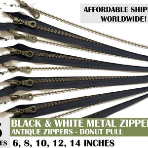 ykk antieke metalen donutritssluitingen, zwart-witte ritsen, antieke ritsen, donuttrekritsen, verpakking van 5-10, 14 inch
