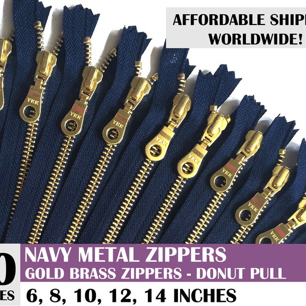 ykk navy blue donut pull metal zippers, closed end zippers, gold metal zipper, navy blue zipper, pack of 10- 10, 14 inch