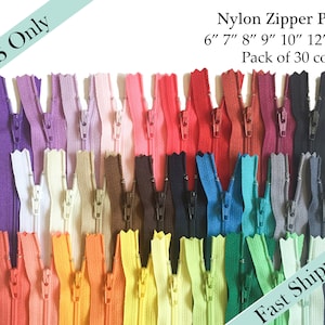 Assorted YKK Zippers, Nylon Zippers, Wholesale, Close End Nylon Coil Zipper Pack of 30 - 6, 7, 8, 9, 10, 12, 14 inches -  US ONLY Fast Ship