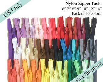 Assorted YKK Zippers, Nylon Zippers, Wholesale, Close End Nylon Coil Zipper Pack of 30 - 6, 7, 8, 9, 10, 12, 14 inches -  US ONLY Fast Ship