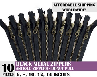 Puxador de zíper de metal antigo ykk donut, zíper preto, zíper de bolsa, puxador de zíper donut, atacado, pacote com 10 zíperes - 6 8 10 12 14 polegadas