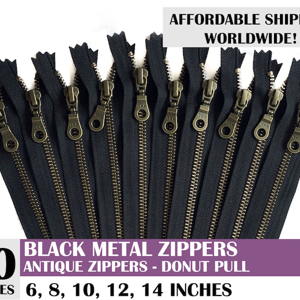 ykk donut pull antique metal zipper, black zipper, handbag zipper, donut pull zipper, wholesale, pack of 10 zippers - 6 8 10 12 14 inch