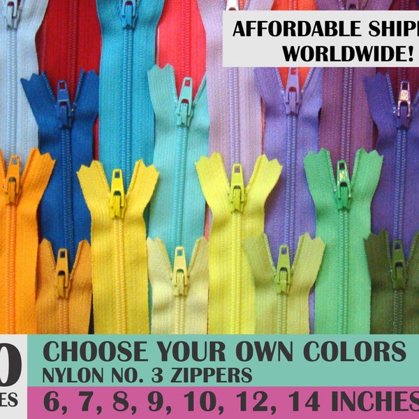 YKK Zippers Assorted, set of 50, Bulk Zippers,  Mixed colors, Nylon Coil, Closed end, Choose Your Colors- 6, 7, 8, 9, 10, 12, 14 inch