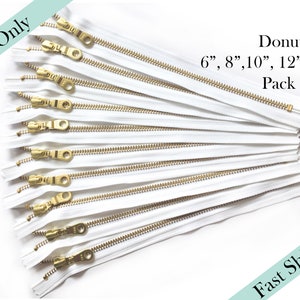 White Brass Zippers, YKK Zippers, Bag Purse Zippers, Gold Teeth Zipper, Donut Pull - 6, 8, 10, 12, 14 inches - 12pcs - US ONLY Fast Ship
