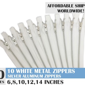 aluminum zipper, ykk white metal zipper, jean zipper, close end zipper, ykk zipper - 10 pcs - 6, 8, 10, 12, 14 inches