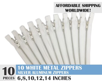 aluminum zipper, ykk white metal zipper, jean zipper, close end zipper, ykk zipper - 10 pcs - 6, 8, 10, 12, 14 inches
