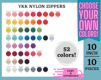 10 Inch YKK Zippers, Choose any 10, #3 Nylon Coil, Mix and Match, Your Choice, 52 Colors to Choose from, Mixed colors, Closed End, Assorted