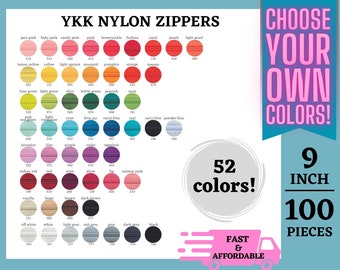 Choose 100 YKK Zippers, 9 Inch, #3 Nylon Coil Zippers, Mix and Match, Your Choice, 52 Colors Available, Mixed colors, Closed End, Assorted