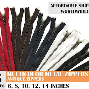 ykk zippers, antique zipper, metal zipper, ykk antique metal zippers, mixed set zippers, bag zippers, pack of 5 - 6, 8, 10, 12, 14 inch