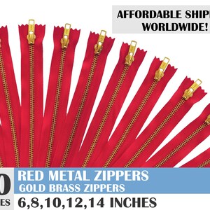 ykk metal zippers, metal zippers, red zippers, jean zippers, gold metal zipper, golden brass zipper, set of 10 zipper- 6, 8, 10, 12, 14 inch
