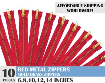 ykk metal zippers, metal zippers, red zippers, jean zippers, gold metal zipper, golden brass zipper, set of 10 zipper- 6, 8, 10, 12, 14 inch