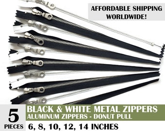 handbag zippers, ykk donut pull metal zippers, black and white metal zipper, silver metal zipper, pack of 5 - 10, 14 inch