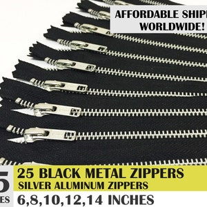 ykk brand zippers, metal zippers, black zippers, jean zippers, silver metal zipper, aluminum zipper, pack of 25 - 6, 8, 10, 12, 14 inches