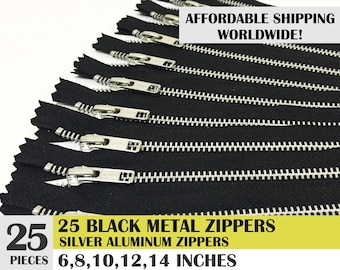 ykk brand zippers, metal zippers, black zippers, jean zippers, silver metal zipper, aluminum zipper, pack of 25 - 6, 8, 10, 12, 14 inches