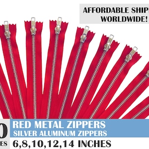 ykk brand red zippers, metal zippers, red zipper, jean zippers, silver metal zipper, aluminum zipper, pack of 10 - 6, 8, 10, 12, 14 inches