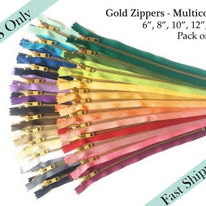 Assorted YKK Zippers, Multicolor Zippers, Gold Metal Zipper Pack, Wholesale Closed End - 6, 8, 10, 12, 14 inches - 25pcs - US ONLY Fast Ship