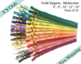 Assorted YKK Zippers, Multicolor Zippers, Gold Metal Zipper Pack, Wholesale Closed End - 6, 8, 10, 12, 14 inches - 25pcs - US ONLY Fast Ship