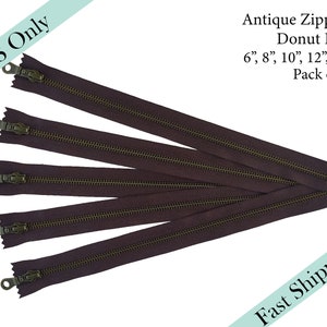 Donut Pull Zippers, YKK Dark Brown Zippers, High Quality Metal Antique Brass Zippers - 6, 8, 10, 12, 14 inches - 5pcs - US ONLY Fast Ship