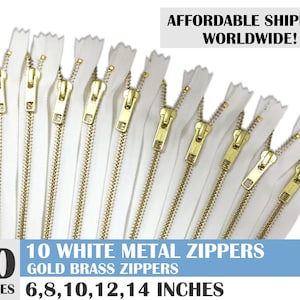 ykk brand metal zipper, metal zippers, white zippers, jean zippers, gold metal zipper, golden brass zipper, set of 25- 6, 8, 10, 12, 14 inch
