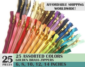 Cremalleras metálicas YKK regulares, cremalleras multicolores, cremalleras para jeans, cremallera metálica dorada, paquete de 25 cremalleras doradas (6, 8, 10, 12 y 14 pulgadas)