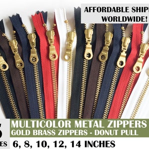 Donut pull zippers, gold metal zippers, ykk zippers, mixed colors bag, ykk gold donut pull metal zippers, pack of 5 -10, 14 inch