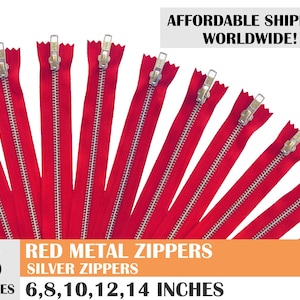 Red zippers, metal zippers, ykk red zipper, jean zippers, silver metal zipper, aluminum zipper, pack of 5 - 6, 8, 10, 12, 14 inches