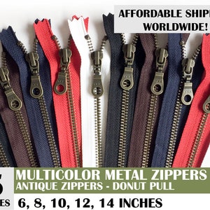 ykk zippers, antique zipper, donut pull zipper, ykk antique metal zippers, mixed set zippers, bag zippers, pack of 5 - 10, 14 inch
