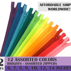 Ykk assorted zippers, colorful zippers, bright colors, ykk zips, pack of 12, wholesale zippers sampler pack- 6, 7, 8, 9, 10, 12, 14 inches