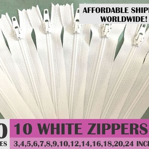 ykk zippers, white nylon zippers, pack of 10 zips, wholesale zippers sampler pack- 3, 4, 5, 6, 7, 8, 9, 10, 12, 14, 16, 18, 20, 24 inches