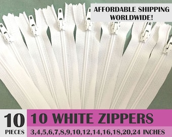 ykk zippers, white nylon zippers, pack of 10 zips, wholesale zippers sampler pack- 3, 4, 5, 6, 7, 8, 9, 10, 12, 14, 16, 18, 20, 24 inches
