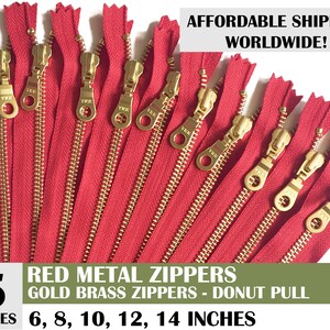 closed end zippers, ykk brand donut pull metal zippers, pouch zippers, gold metal zipper, red metal zipper, pack of 5- 10, 14 inch