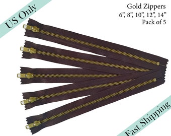 Gold Brass Metal Zipper , Closed End YKK Zippers, Dark Brown Bag Pouch Wholesale Zipper - 6, 8, 10, 12, 14 inches - 5pcs - US ONLY Fast Ship