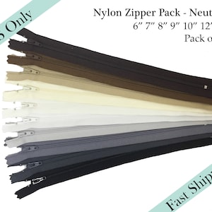 Nylon Coil YKK zippers, Assorted Neutral Zippers , Closed End Pouch Zipper - 6, 7, 8, 9, 10, 12, 14 inches - 10pcs - US ONLY Fast Ship
