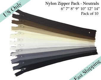 Nylon Coil YKK zippers, Assorted Neutral Zippers , Closed End Pouch Zipper - 6, 7, 8, 9, 10, 12, 14 inches - 10pcs - US ONLY Fast Ship