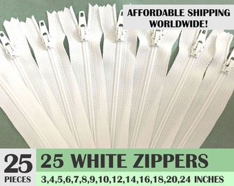 ykk zippers, white nylon zippers, pack of 25 zips, wholesale zippers sampler pack- 3, 4, 5, 6, 7, 8, 9, 10, 12, 14, 16, 18, 20, 24 inches