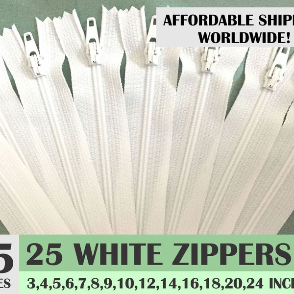 ykk zippers, white nylon zippers, pack of 25 zips, wholesale zippers sampler pack- 3, 4, 5, 6, 7, 8, 9, 10, 12, 14, 16, 18, 20, 24 inches