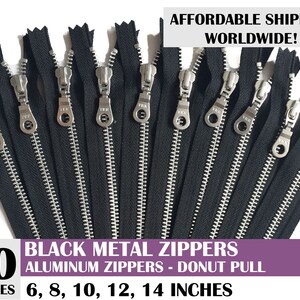 aluminum zipper, ykk donut pull metal zippers, bag zippers, ykk silver zips, black zipper, zipper for handbag, 10 pcs- 6 8 10 12 14 inch