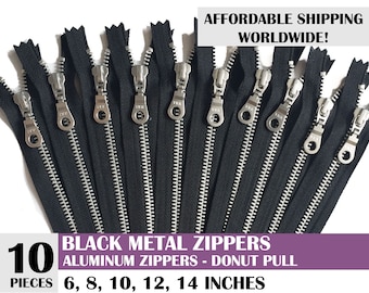 aluminum zipper, ykk donut pull metal zippers, bag zippers, ykk silver zips, black zipper, zipper for handbag, 10 pcs- 6 8 10 12 14 inch