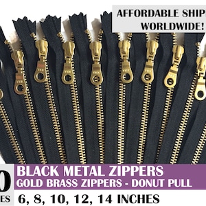 Ykk gold metal zipper, black zipper, ykk donut pull metal zipper, zips for handbag, purse zipper, pack of 10 zips - 6, 8, 10, 12, 14 inch
