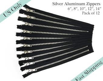 YKK Zippers, closed end zippers, Aluminum Silver metal zipper, Black metal zipper - 6, 8, 10, 12, 14 inches - 12pcs - US ONLY Fast Ship