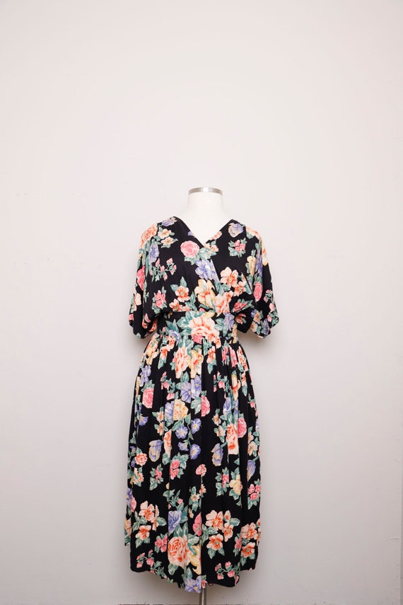1990's Black Floral Plus size wrap dress