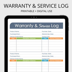 Garantie- und Servicelog - druckbare und ausfüllbare Organisations-PDF-Datei, Haushaltsführung, Haushaltsmappe