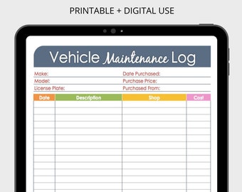 Vehicle Maintenance Log - Car Maintenance Log, Fillable Printable Organizing PDF, Vehicle Information, Instant Download